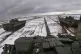 Russian and Belarusian tanks drive during joint military dri