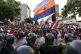 Police block demonstrators who are marching against Presiden