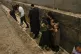 People take cover on the side of the road as a siren sounds 